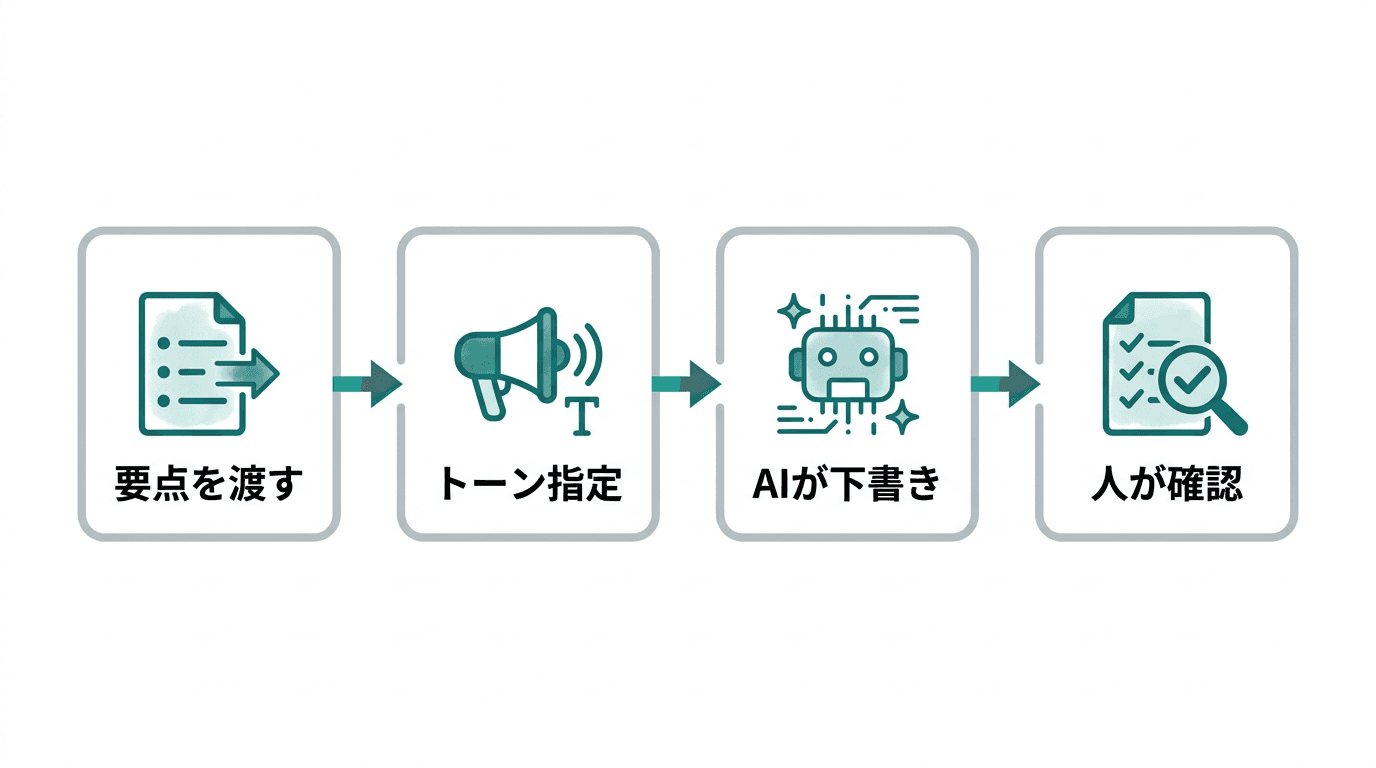 メール返信をAIで速くする4つの流れ。1. 要点と相手・状況を渡す、2. トーン（丁寧さ・距離感）を指定する、3. AIが下書きを作る、4. 人が事実と失礼がないか確認して送る