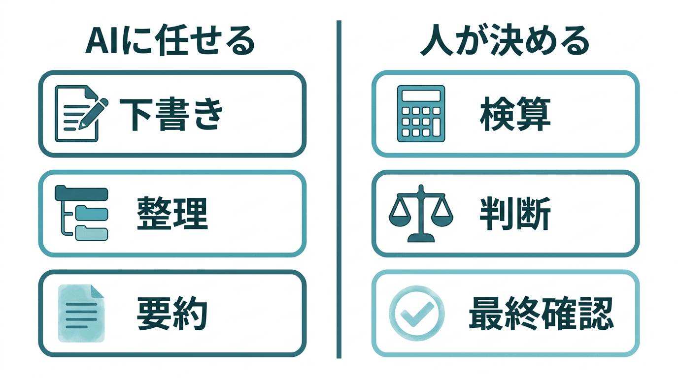 AIに任せることと人がやることの線引きを表した図。左側「AIに任せる」に下書き・整理・要約、右側「人が決める」に検算・判断・最終確認が並んでいる