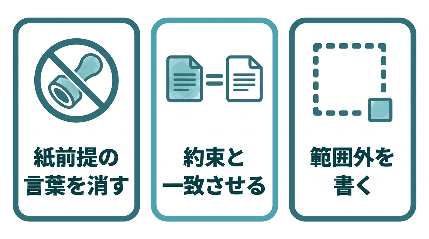 AIの下書きを人が確認する3つのチェック。1. 紙前提の言葉を消す(記名押印・印を電子契約用に直す)、2. 約束と一致させる(実際に約束したことと契約書を揃える)、3. 範囲外を書く(やらないことを明記する)