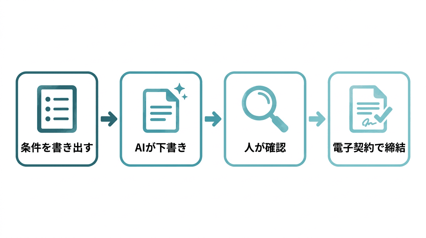 Claude Codeで業務委託契約書を作る4つの流れ。1. 自分の取引条件を書き出す、2. Claude Codeに下書きを頼む、3. 自分と(重要な契約なら)専門家が内容を確認する、4. 電子契約で締結する