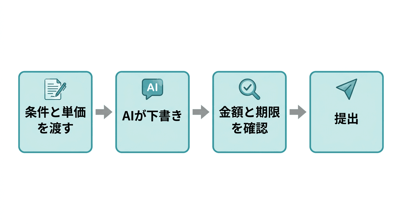 Claude Codeで見積書を作る4つの流れ。1. 案件の条件と自社の単価を渡す、2. AIが見積の下書きを作る、3. 金額と有効期限を人が確認・検算する、4. 見積書として相手に提出する