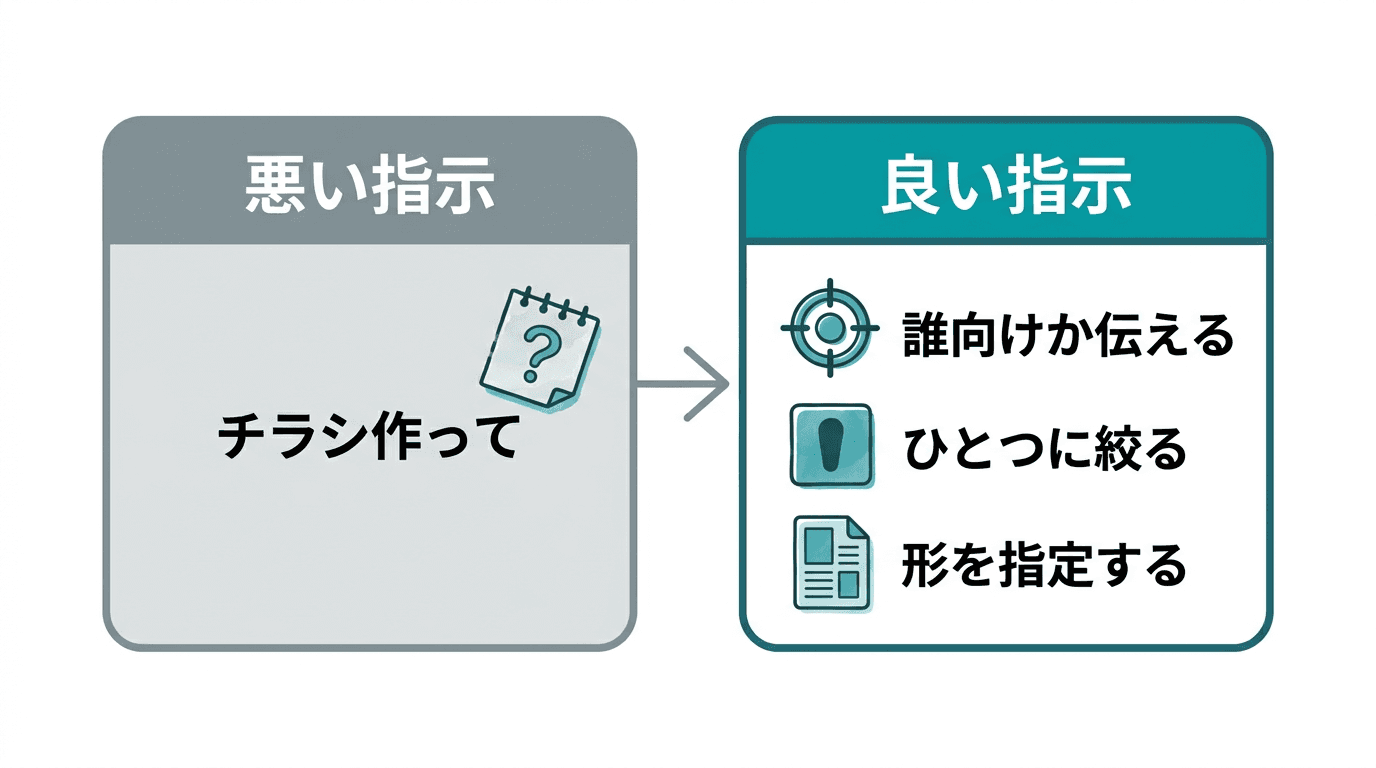悪い指示と良い指示の対比。悪い指示は「チラシ作って」の一言だけ。良い指示は、誰向けかを伝える・頼むことをひとつに絞る・出してほしい形を指定する、の3点を添えている