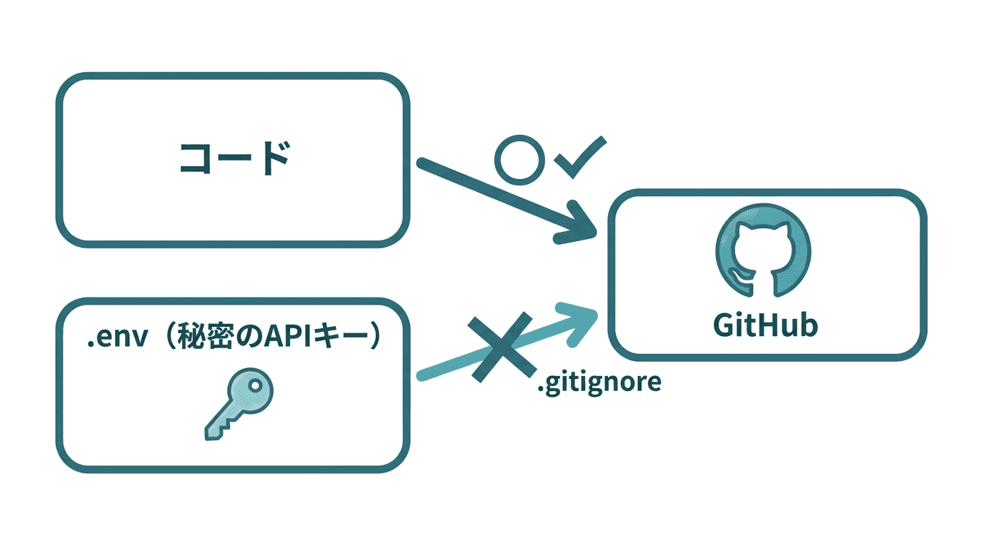 秘密のAPIキーをコードと分けて管理する分離図。左の「コード」はGitHubに上げてよいが、鍵の入った「.env(秘密のAPIキー)」は.gitignoreで除外してGitHubに上げない、という切り分けを矢印とバツ印で表している
