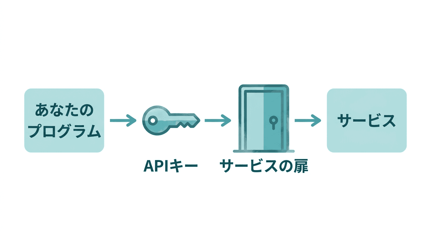 APIキーが合鍵として働くことを示す図。左の「あなたのプログラム」が「APIキー」という鍵を使って「サービスの扉」を開け、右の「サービス」の機能を借りられることを、鍵と扉のモチーフと矢印で表している