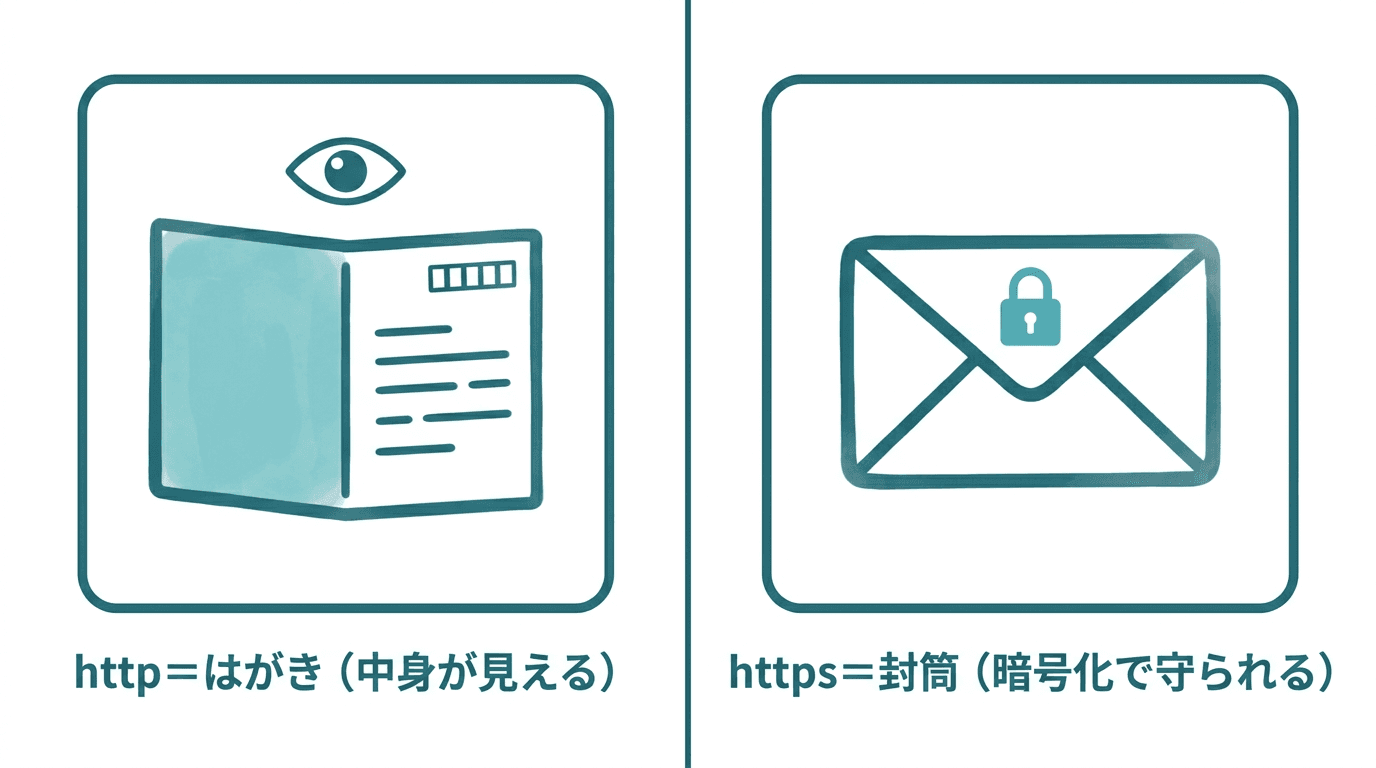 httpとhttpsの違いを左右で対比した図。左のhttpは「はがき」で中身の文章がそのまま見えており途中の第三者に読まれてしまう。右のhttpsは「封筒」で中身が鍵つきの封で守られ、途中の第三者には読めないことを表している