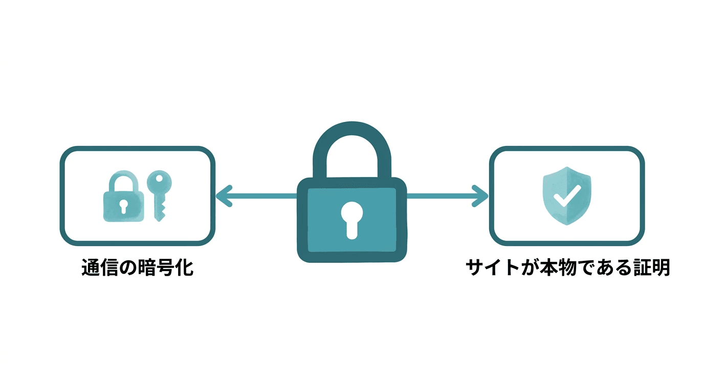 アドレスバーの鍵マークが意味する2つのことを表した図。中央の鍵マークから、左に「通信の暗号化(盗み見・改ざんを防ぐ)」、右に「サイトが本物である証明(なりすましでない)」という2つの意味が矢印でつながっている