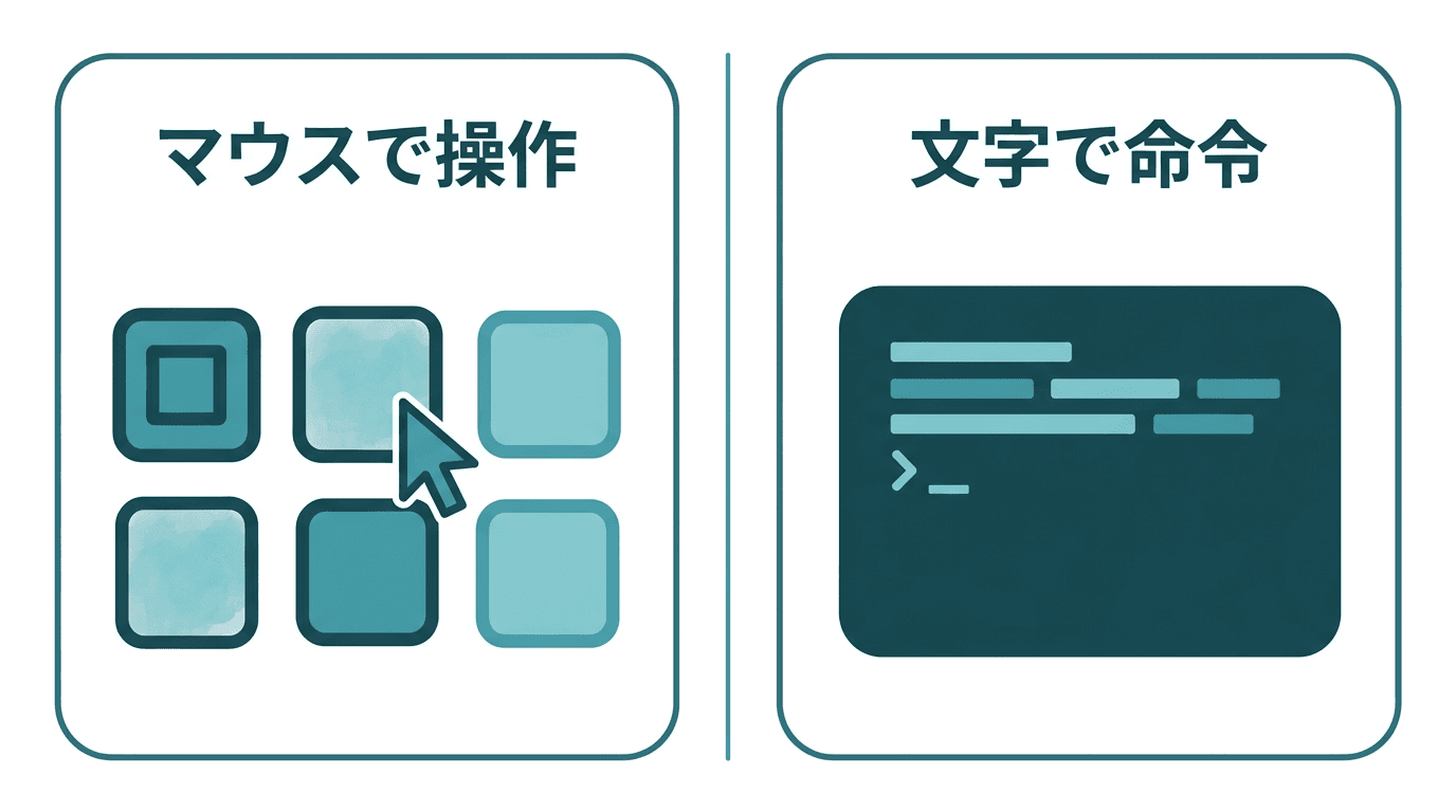 マウス操作(GUI)と文字の命令(CLI)を左右で対比した図。左の「マウスで操作」はアイコンをクリックして操作する様子、右の「文字で命令」はターミナルに文字を打ち込んで操作する様子を表している