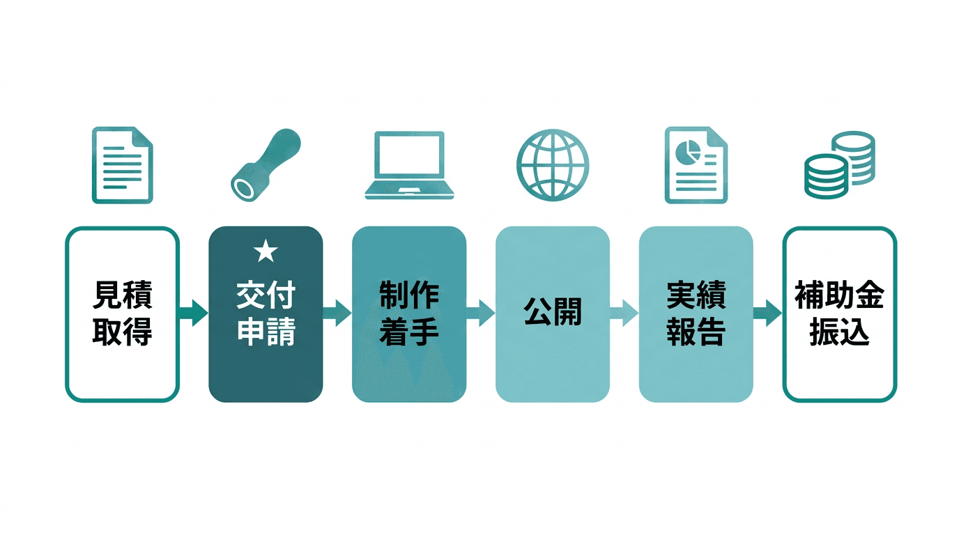 江東区ホームページ作成費補助の流れ。見積取得、交付申請、制作着手、公開、実績報告、補助金振込の6ステップを順に示した図。交付申請が制作着手より前にあることが重要