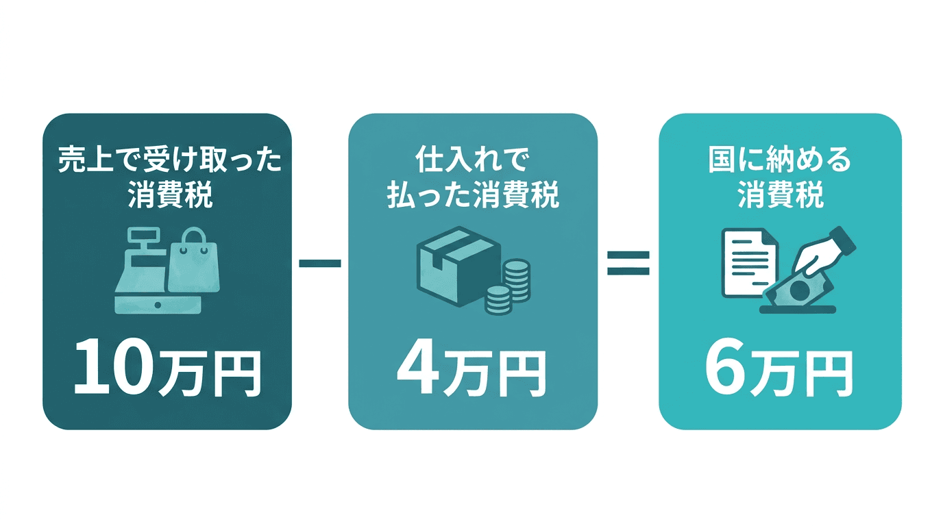 消費税の納税額の計算(仕入税額控除)。売上で受け取った消費税10万円から、仕入れで払った消費税4万円を差し引いた6万円が、国に納める消費税になることを表した図