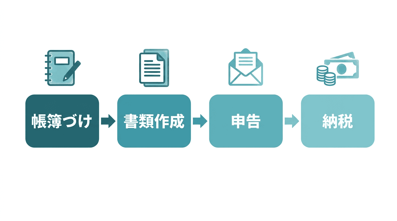 確定申告の年間の流れを示す4つのステップ。1. 帳簿づけ(日々、売上と経費を記録する)→ 2. 書類作成(決算書と申告書をまとめる)→ 3. 申告(税務署へ提出・e-Tax)→ 4. 納税(税金を納める)