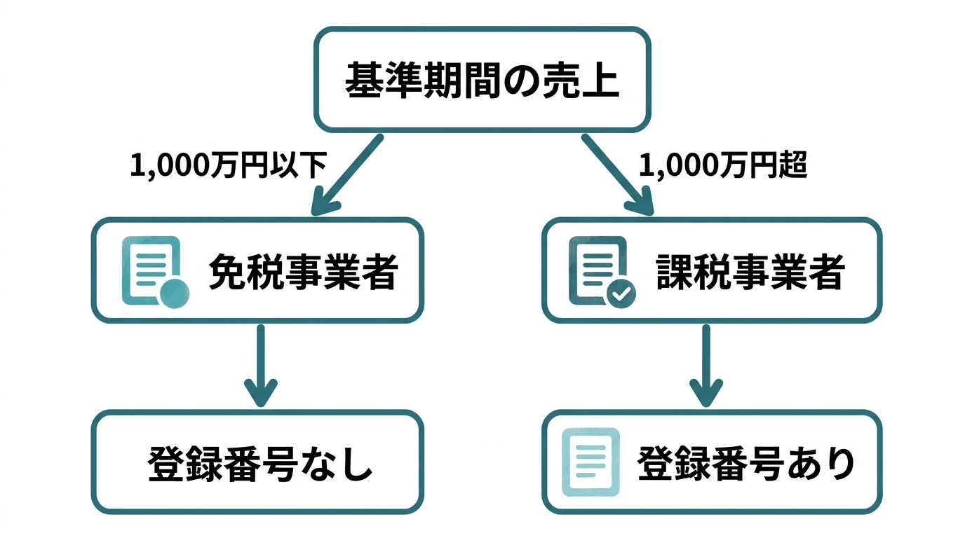 課税事業者と免税事業者の分かれ方の図。基準期間の売上が1,000万円を超えると課税事業者になり登録番号を持てる。1,000万円以下だと免税事業者で、登録しなければ登録番号はない。免税事業者が登録番号を取りたいときは課税事業者になる必要がある。