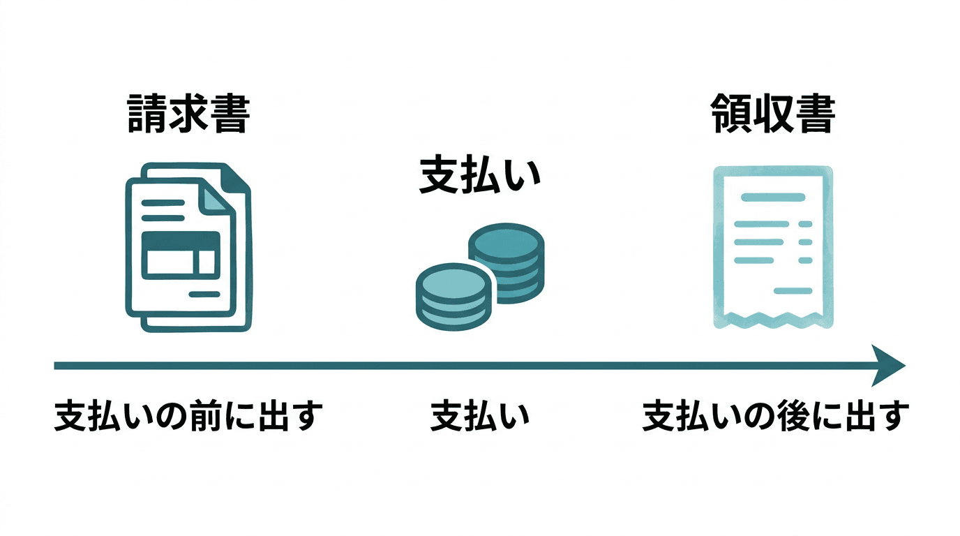 請求書は支払いの前に出し、領収書は支払いの後に出すことを、左から右への時間の流れで表した図