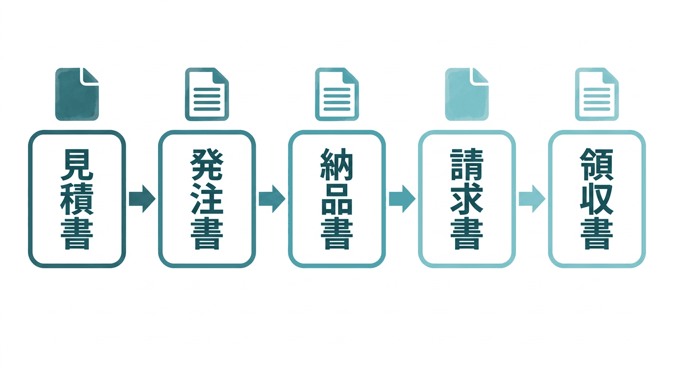 取引の流れに沿った5つの書類の横型フロー図。左から順に、見積書(金額の提示)→ 発注書(発注の意思)→ 納品書(納品の証)→ 請求書(支払いの請求)→ 領収書(受領の証)と矢印でつながっている